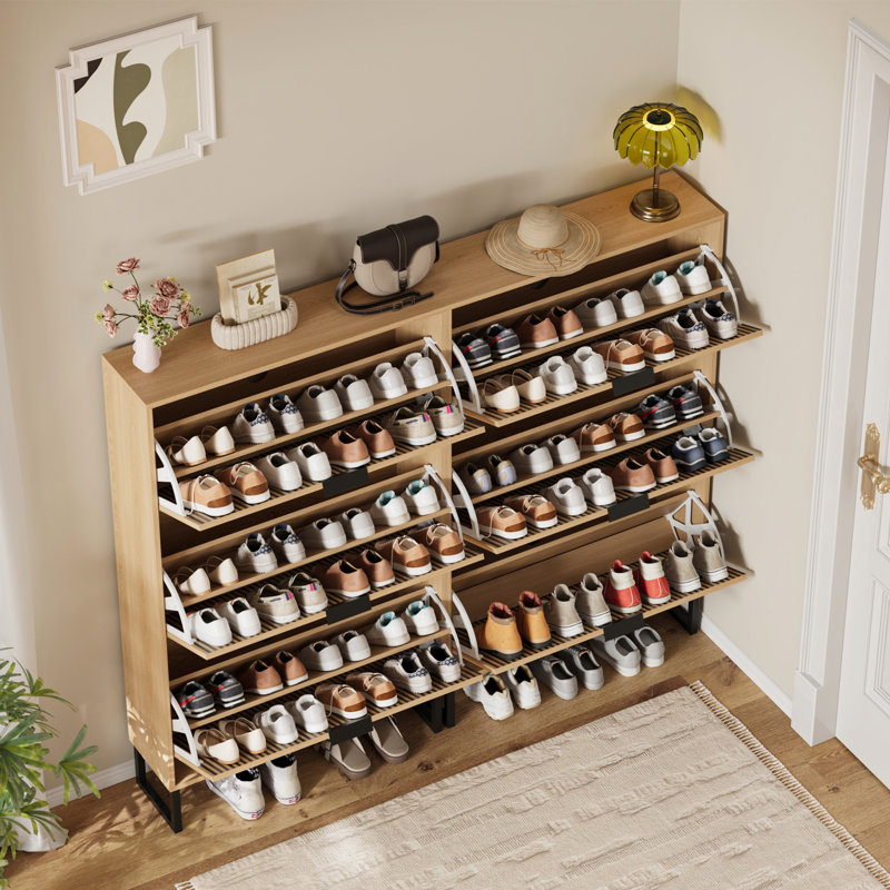 Armoire à chaussures 3 tiroirs Mid-Century moderne à 3 niveaux avec finition cannelée et porte-chaussures, Blanc