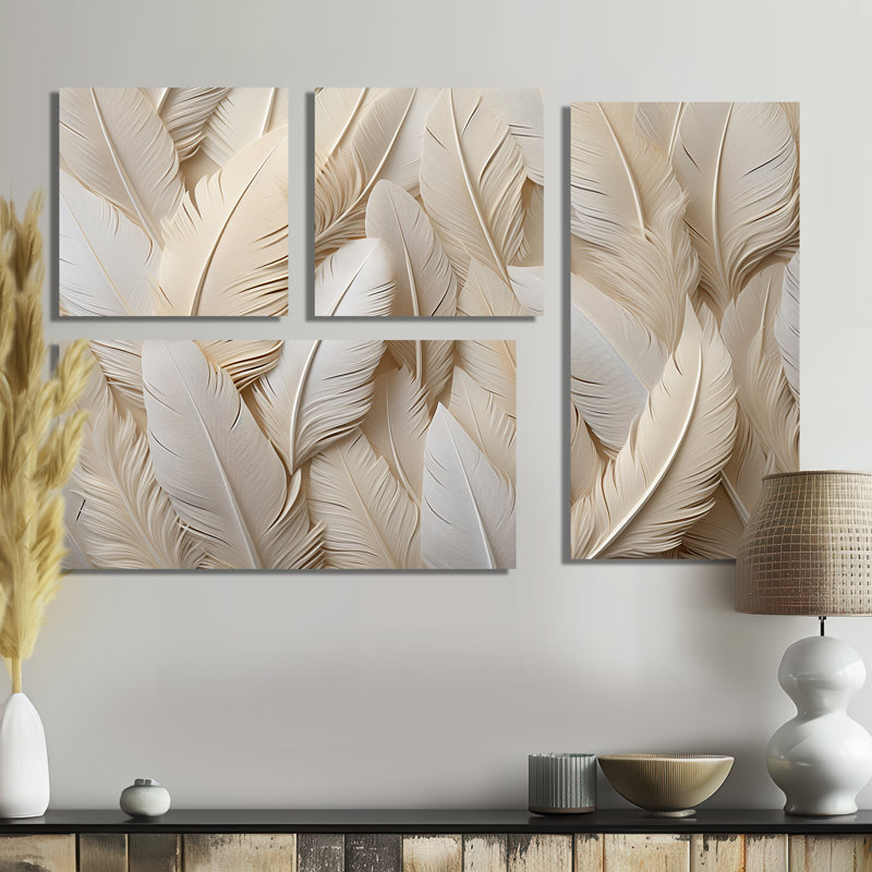 Feathery Plumes - Modern Wall Art 4 Pieces, Noir, Impression encadrée sans passe-partout