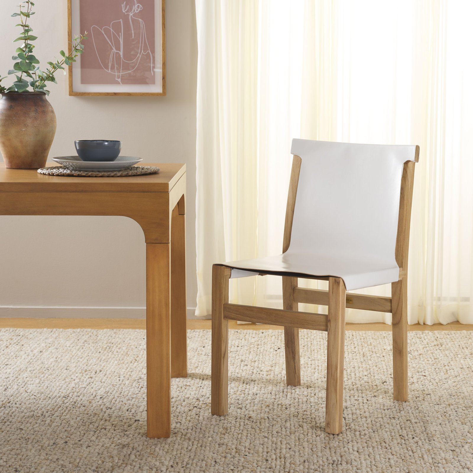 Cambell Teak Side Chair, White Faux Leather