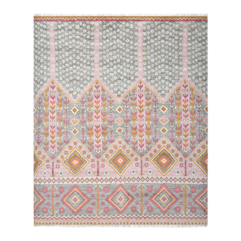 Tapis rose / gris / ivoire en laine / coton noué à la main Desousa Hannes, Rectangle 8 pi x 10 pi
