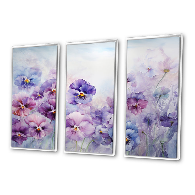 Ensemble de salon mauve avec fleurs mauves, Cadre flottant blanc, H 32 po x l 48 po x P 1 po