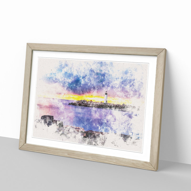 Remote Lighthouse and Seascape - Picture Frame Painting Print, 62cm H x 87cm W x 2cm D, Oak Framed