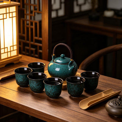 Japanese Tea Set, Ceramic Teapot with Plum Blossom Embossed Design, 6 Teacups, Bamboo Tea Tray and Stainless Steel Strainer, Kung Fu Tea Set for Home, Outdoor, Gift (Pine Green)