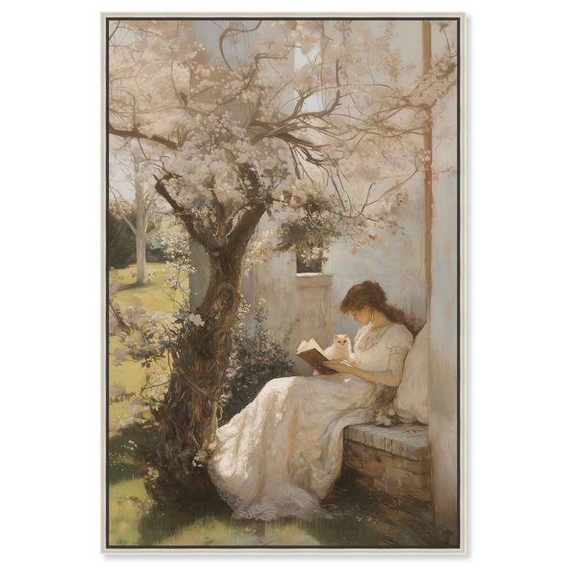 «Reading With Her Cat» par Art Remedy, H 16 po x l 11 po, Blanc, Cadre flottant