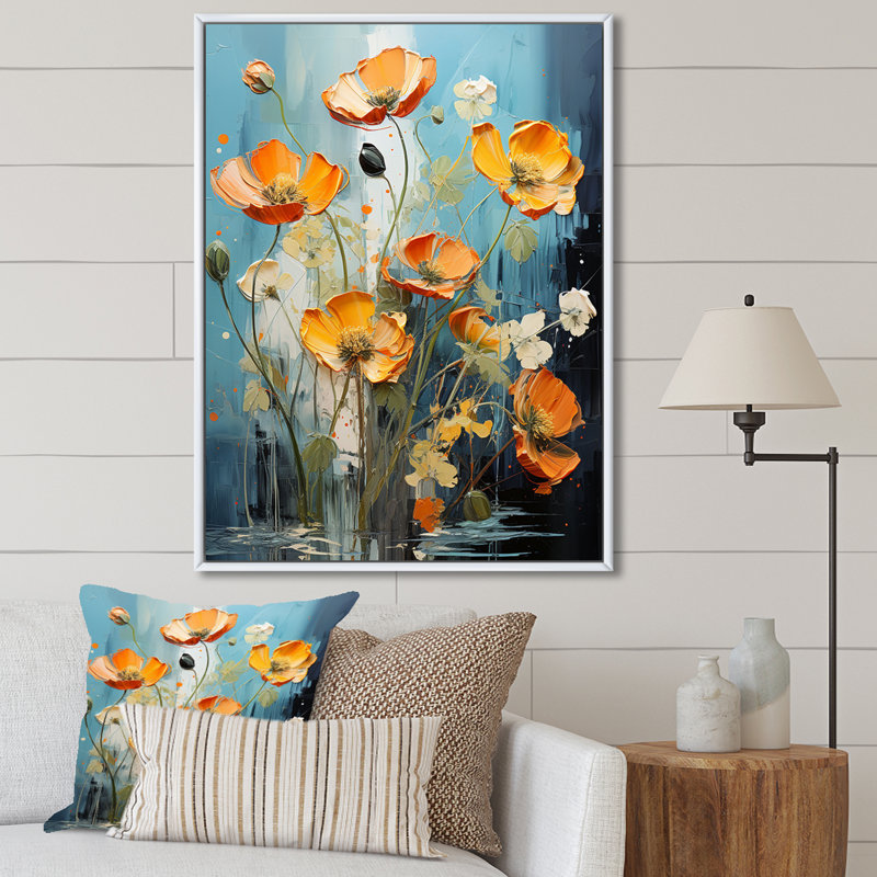 Buttercups Burst With Fierce Brushwork II - Buttercups Wall Art Living Room, Cadre flottant blanc, H 32 po x l 24 po x P 1 po