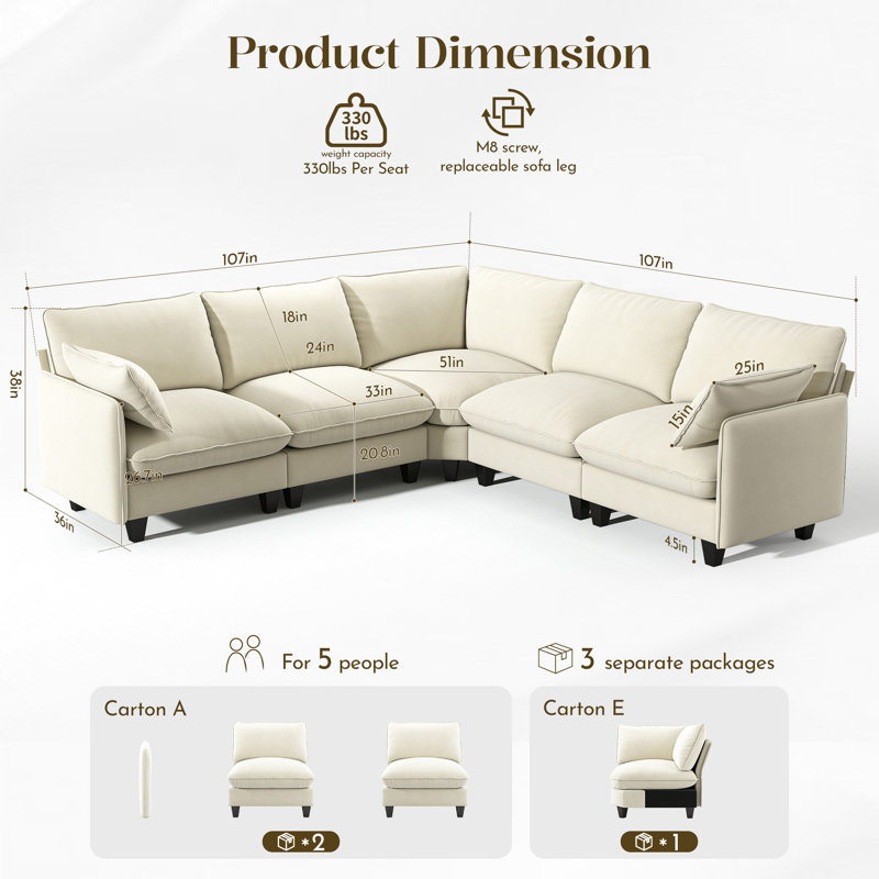 Canapé modulaire rembourré Acker, Chenille beige, 5