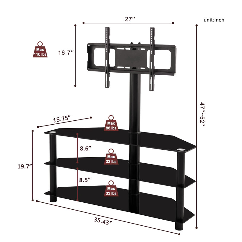 Support TV multifonction de 35,4 pouces, réglable en hauteur, pivotant à 3 niveaux