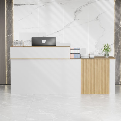 Straight grille front desk, reception desk with large storage space, sliding keyboard tray, cable management hole and trapezoidal reinforcement panel for office, salon,  retail and hotel