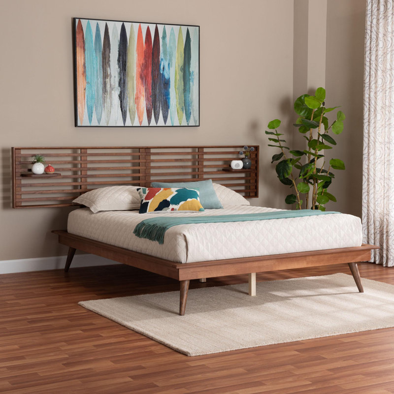 Baxton Studio Elvina Mid-Century Transitional Ash Walnut Wood King Size Platform Bed With Built-In Shelves, Queen