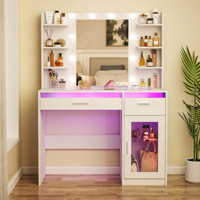 Bureau de maquillage avec lumières, bureau transparent, prise de courant