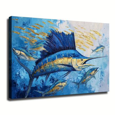 Impasto Oil Painting Of Sailfish Surrounded By Golden School Of Fish, Large Gallery Wrapped Canvas Wall Art Print For Living Room Bedroom