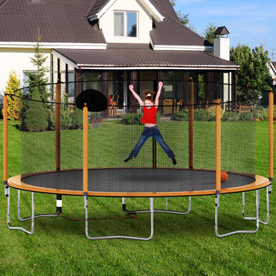 14ft Powder-coated Trampoline With Basketball Hoop, Inflator, And Ladder Advanced Design For Safety And Fun -  LAFUYSO, W550P184997-Orange