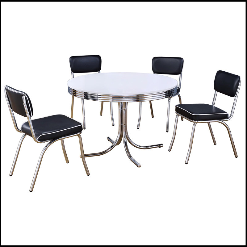 Ensemble de salle à manger 5 pièces Marla blanc et chrome avec rebord Ellipse en métal, base évasée et sièges confortables pour un repas élégant et fonctionnel
