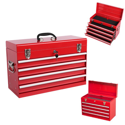 21 - Inch, Heavy Duty Portable Tool Box, Red, 4 Drawers, Liners, Auto Locking, Secure, Transport Steel Portable, Ample Organization
