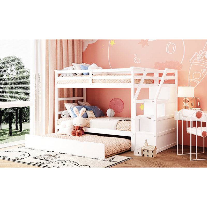 Lit superposé blanc Twintwin avec lit gigogne et 3 escaliers de rangement - Offre une mise à niveau élégante des matériaux pour les chambres à coucher