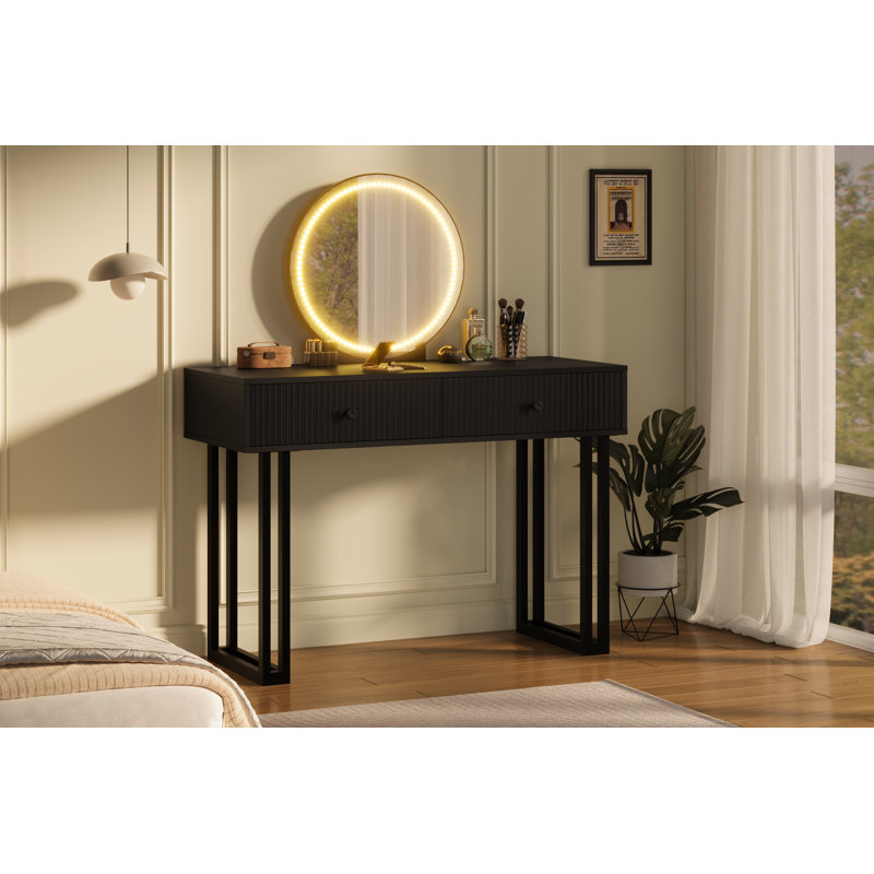 Vanity Desk with Mirror and Lights, Small Makeup Vanity with 2 Drawers, Modern Vanity Organizer with 3 Color Lights, Black