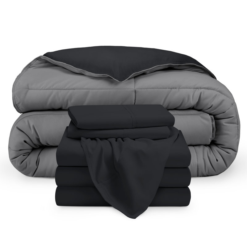Microfiber Reversible Bed-In-A-Bag, Black/Grey, Black, Split King Comforter + 2 Pillowcases