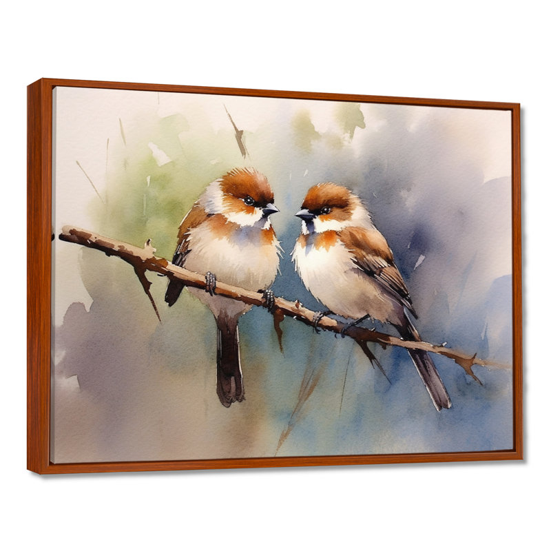 Oiseau moineau beige et brun - art mural oiseau, H 24 po x l 32 po, Cadre flottant brun