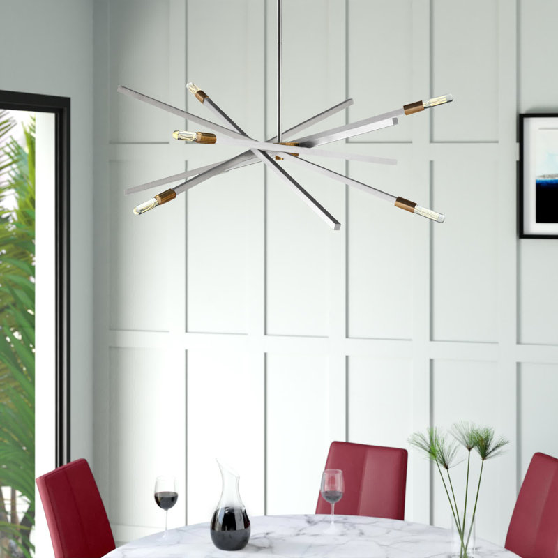 Lustre articulé Spoutnik à 6 lumières Archer, Nickel brossé, H 42,50 po x l 42,5 po x P 42,5 po