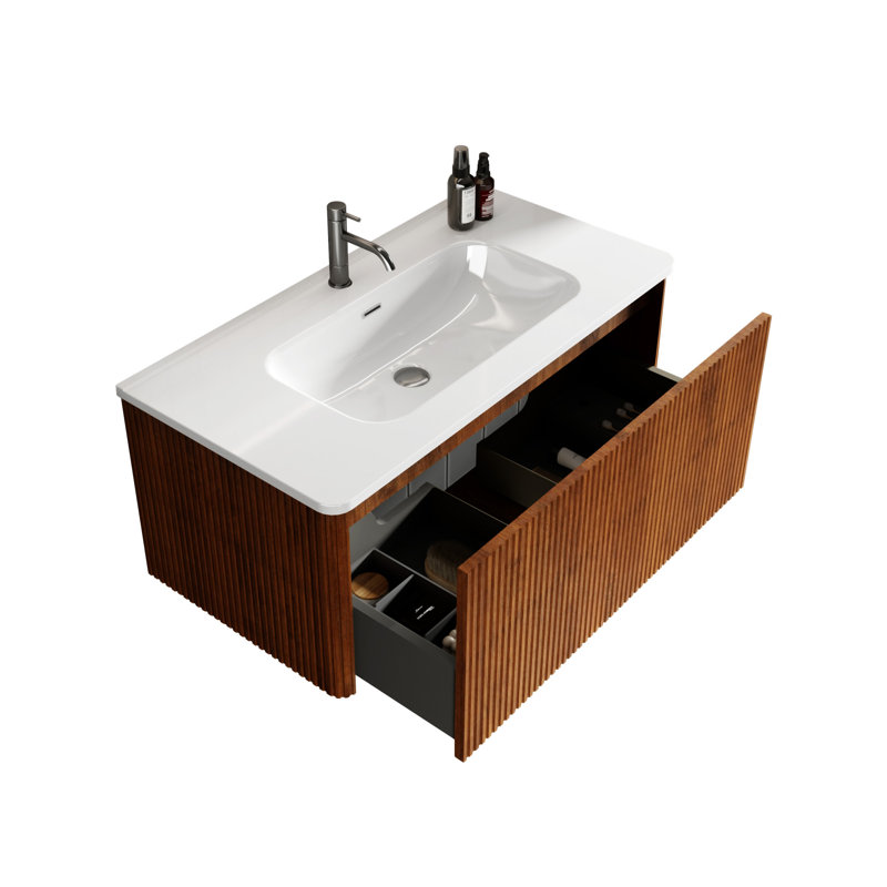 U048-Etna36w-305 Etna 36" Striped Walnut Bathroom Vanity With  Ceramic Sink, Walnut