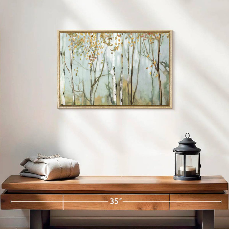 Bouleau dans le brouillard II, Cadre flottant en bois naturel, 19 po x 13 po