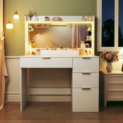 Makeup Vanity Desk With Lighted Mirror And 4 Drawers