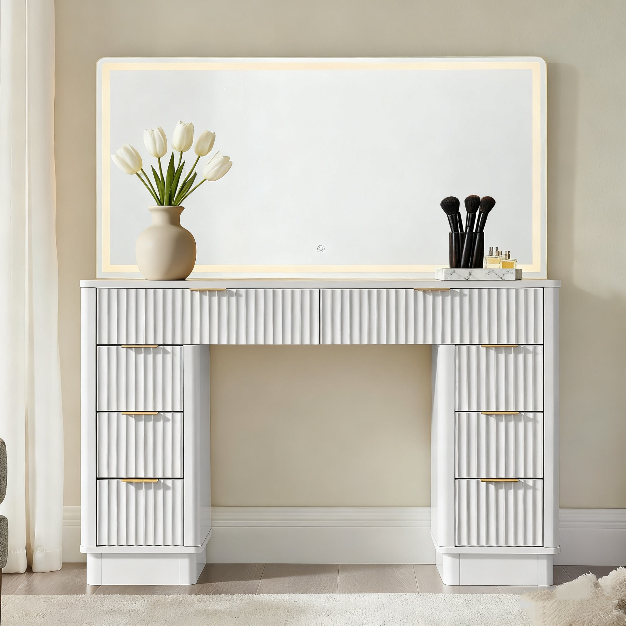 48-Inch Vanity with LED Lighted Mirror and 8 Drawers