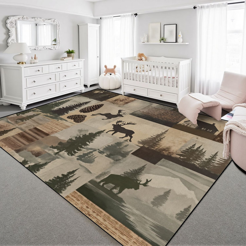Tapis 10 x 14 pour chambre à coucher Farm Bear Bear Deer Elk Moose Forest Wildlife Boho Tapis lavable pour le salon