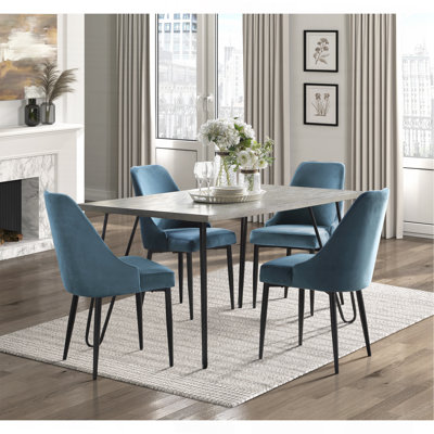 Modern Sleek Design 5Pc Dining Set Table And 4X Side Chairs Blue Velvet Casual Metal Frame Stylish Dining Furniture
