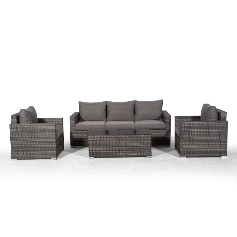 Villatoro Grey Rattan 3 Seat Sofa + 2 X Armchairs & Rectangle Coffee Table, Outdoor Patio Garden Furniture