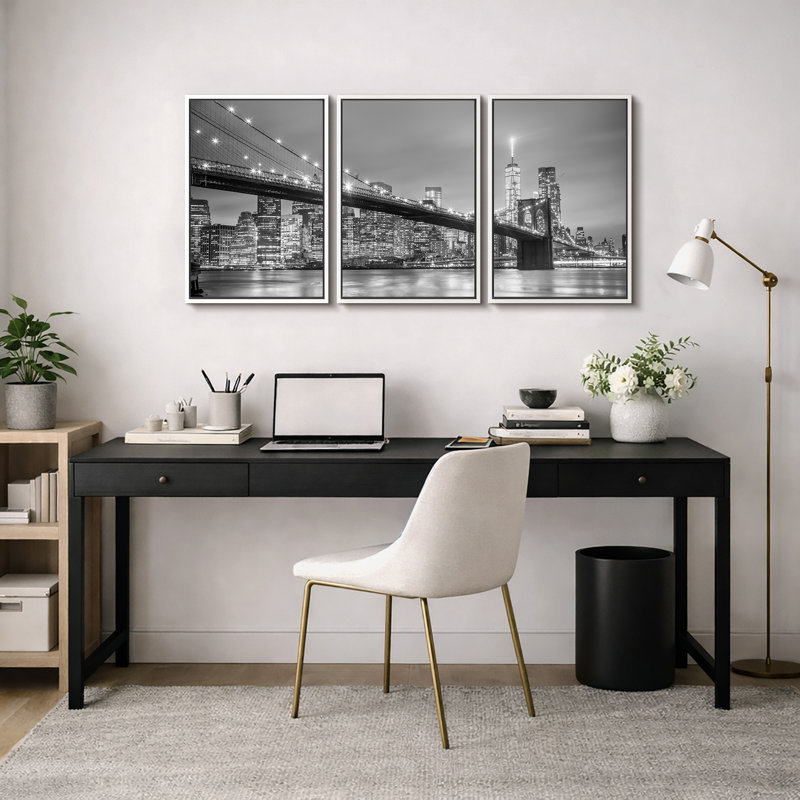 «Architecture Bridge», pont de Manhattan à New York, art moderne, photographie contemporaine en noir et blanc, impression sur toile encadrée, 3 pièces, art mural 16 po x 24 po x 3, 24 po x 36 po x 3