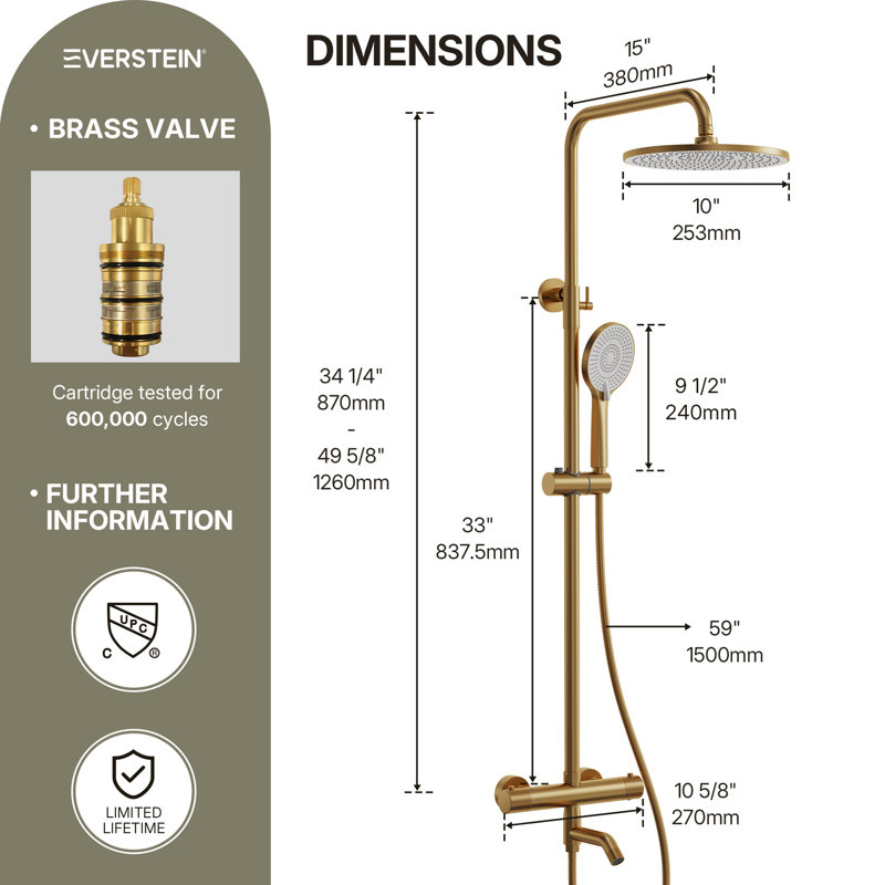 Thermostatic Tub and Shower System with Rain Shower Head and Handheld Spray, Brushed Gold