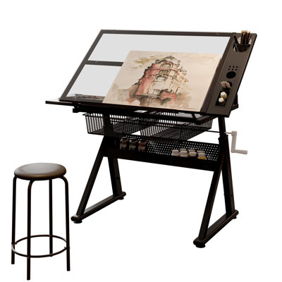 Table de dessin et d'impression en verre trempé réglable à manivelle avec chaise et espace de rangement pour salon, bureau, chambre à coucher