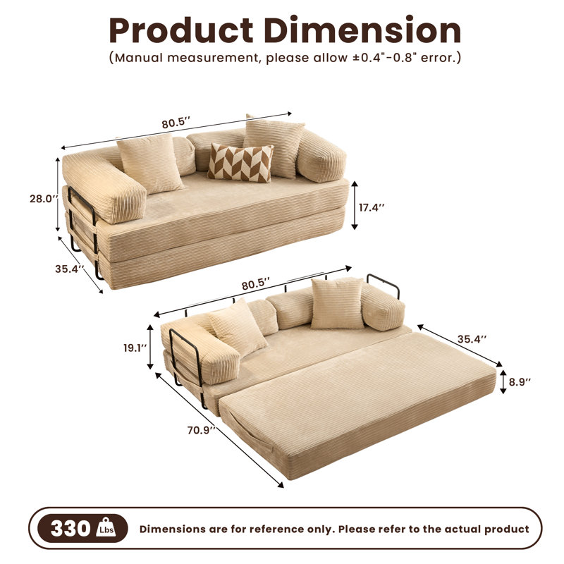 Canapé-lit en tissu désossé sans assemblage requis pour 2 personnes, Polyester beige