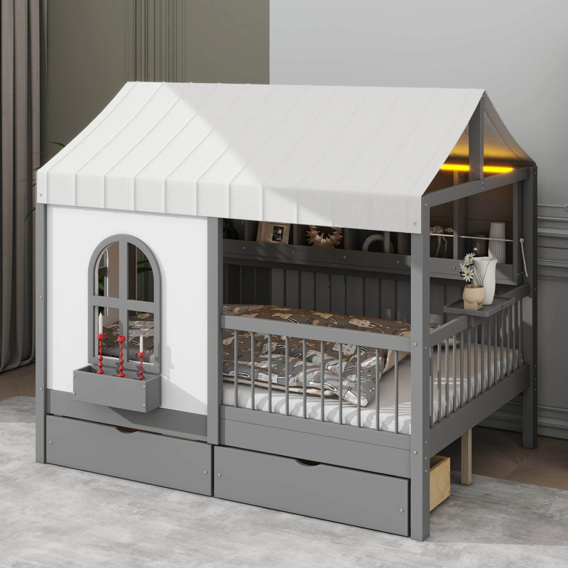 Lit double de style maison avec bibliothèque latérale et bande à DEL, structure de lit de maison de jeu avec garde-corps surélevés