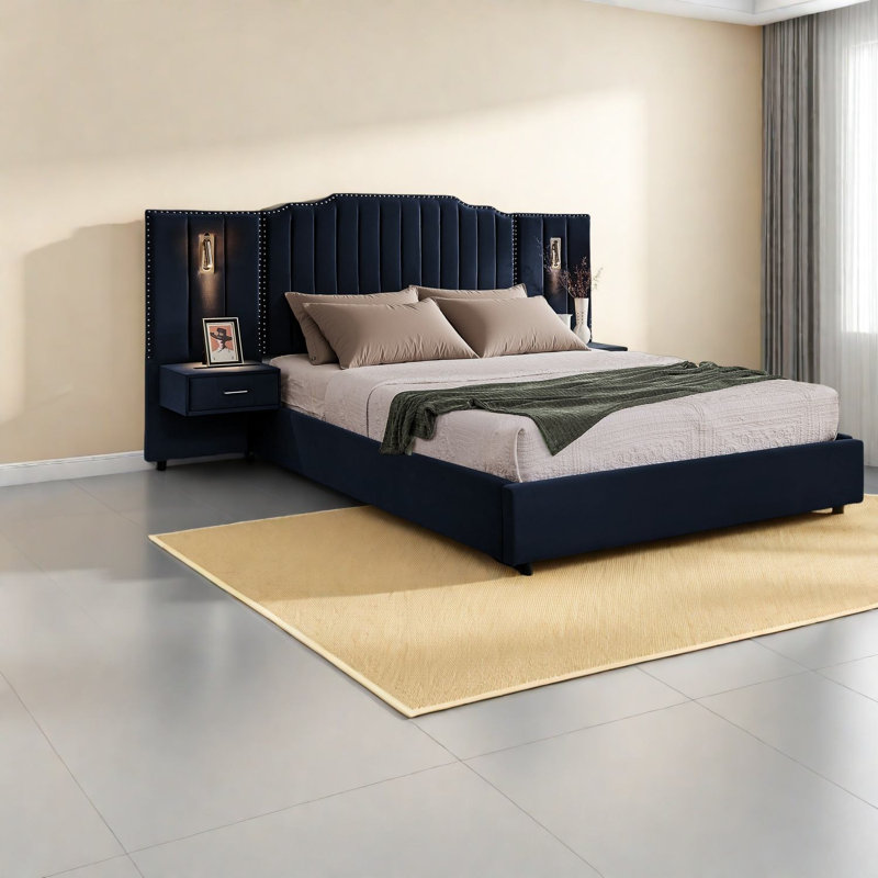 Lits rembourrés en velours moderne, grand lit bleu foncé avec tête de lit et table de chevet