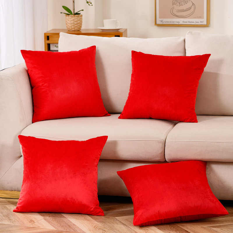 Set Of 4 Throw Velvet Cushion Covers, 18"H x 18"W, Red