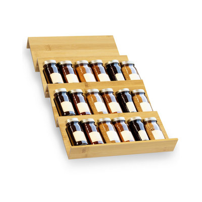 Bamboo Spice Rack For Drawer, 4 Tier Stackable Seasoning Storage Organizer Insert,For Kitchen Condiments Storage Insert(Jars Not Included,9.4" Wide×18.9" Deep×1.8" High