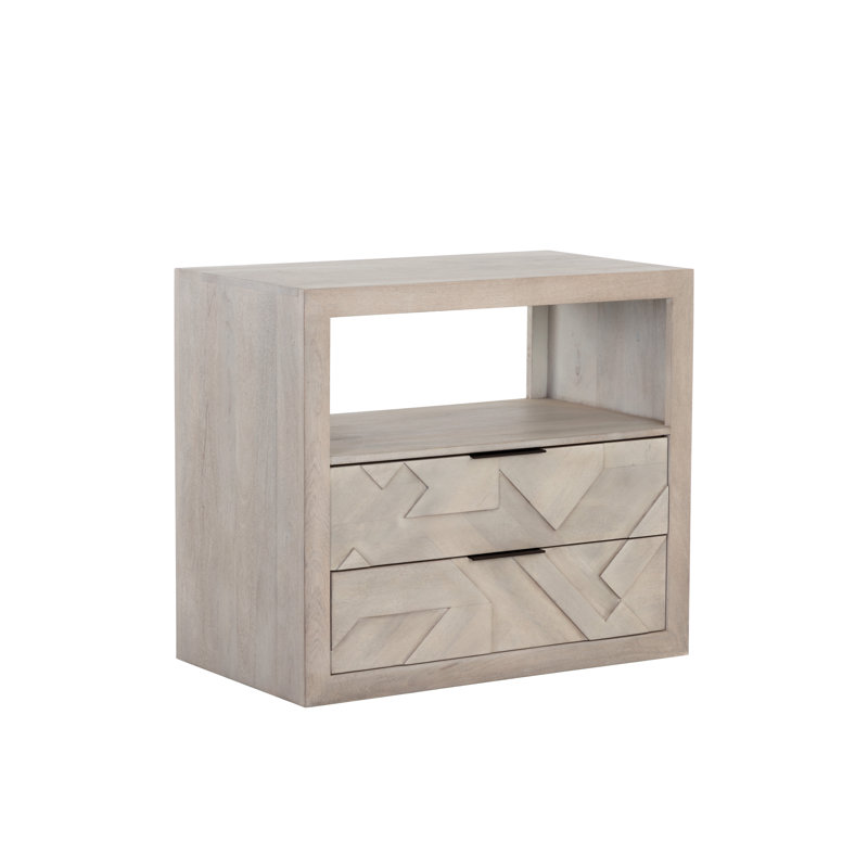 Gray Mango Wood 2-Drawer Nightstand with Open Shelf