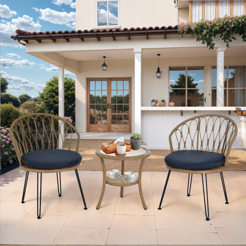 Ensemble repas extérieur pour 2 personnes avec coussins, Bleu foncé / brun