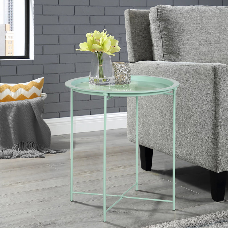 Small Round Side Table with Removable Tray, Folding Accent Table for Bedroom, Balcony, and Garden, Light Green
