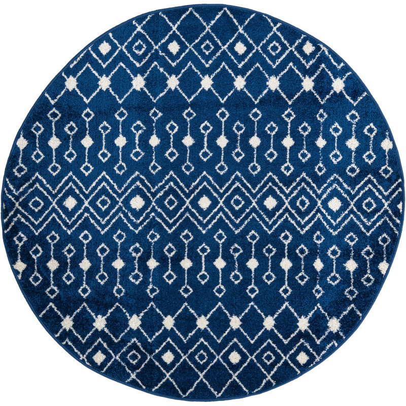 Tapis bleu / blanc en chenille / polyester tissé à la machine Briehn, Rond 5 pi 3 po
