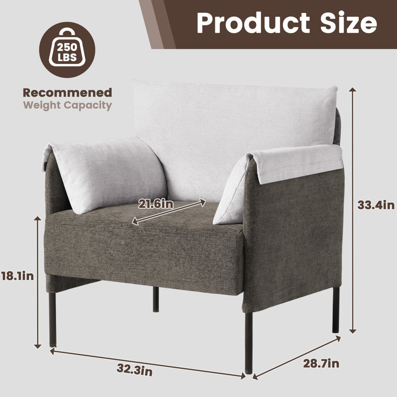 Fauteuil d'appoint 32 po avec accoudoirs de couleur contemporaine avec dossier et coussins d'accoudoir, Chenille brun
