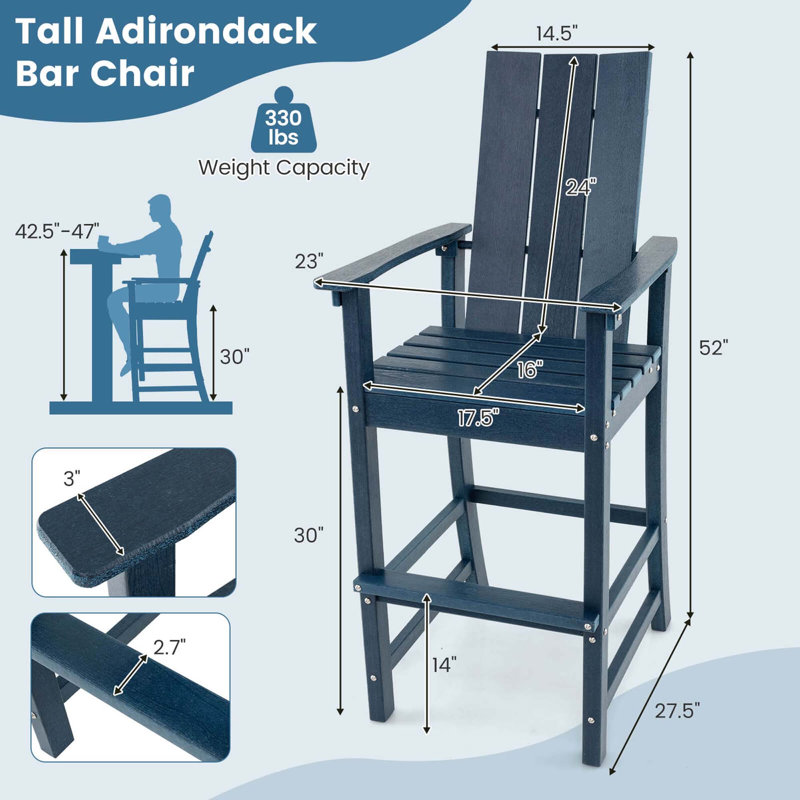 Tall Adirondack Chair With Ergonomic Backrest Armrests & Footrest For Backyard, Navy