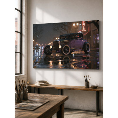 Vintage Car, Realistic Large Canvas Wall Art, Dark Purple and Black Hues, Retro Decor, For Living Room, Automobiles Lover Gift