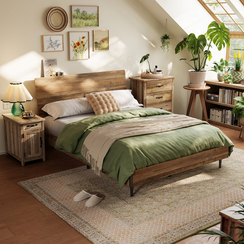 Lit plateforme ergonomique en métal Deundre, Grand lit, Brun