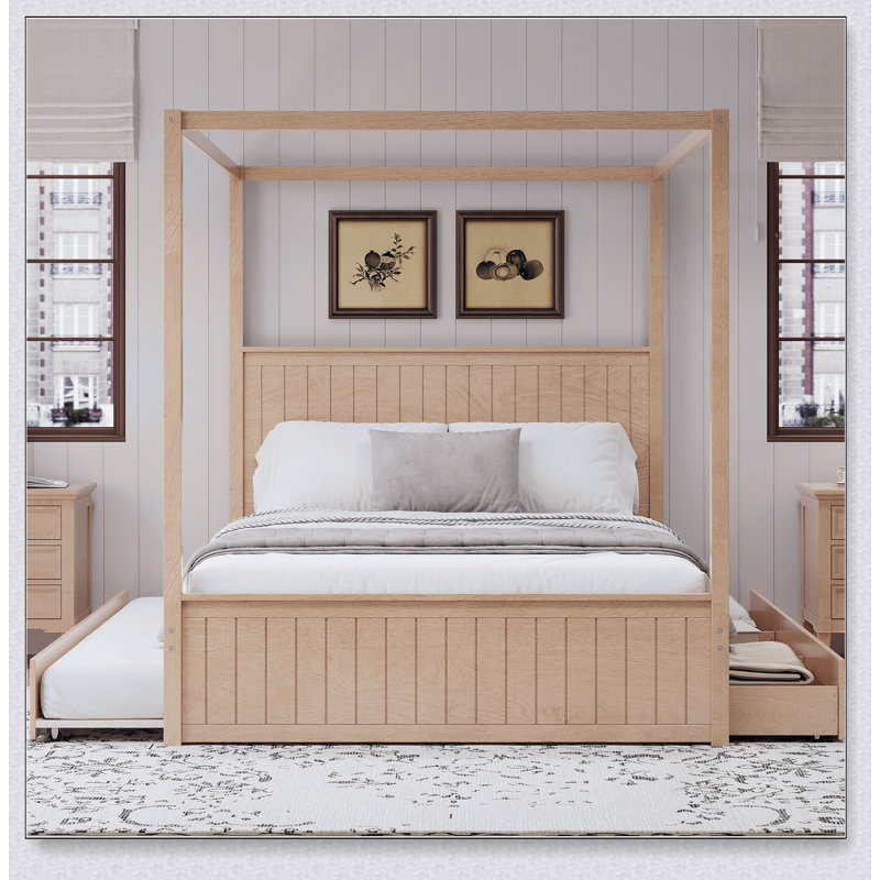 Modern Canopy Platform Bed With Trundle And Three Storage Drawers,4-Post Solid Wood Bed Frame With Headboard,No Box Spring Needed
