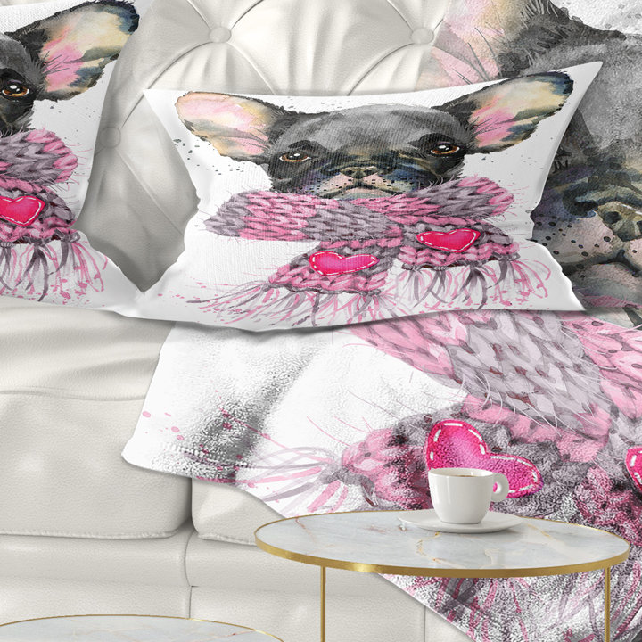 Mignon chiot mignon avec un châle rose - Coussin décoratif imprimé animal