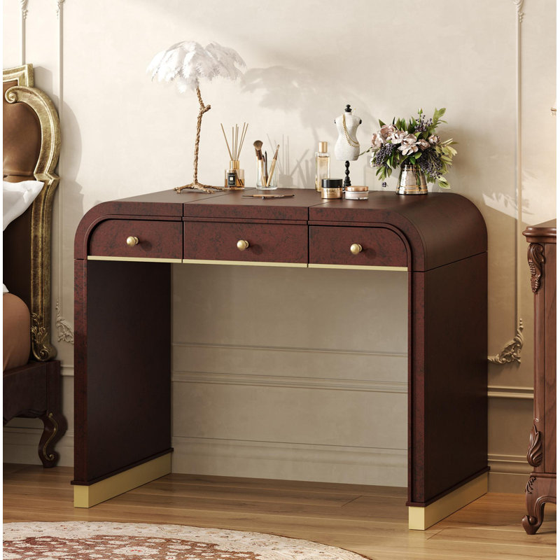 Meuble-lavabo classique en bois avec miroir rabattable, coiffeuse 3 en 1 avec 2 tiroirs et espace de rangement pour la chambre à coucher, espresso