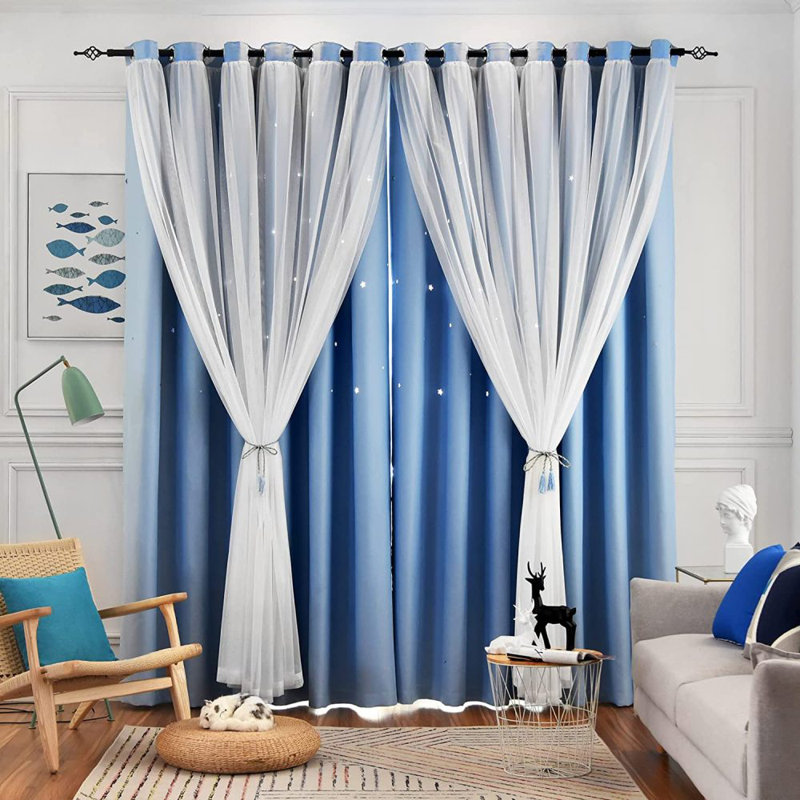 Eurielle Room Darkening Curtain Pair, Blue/White